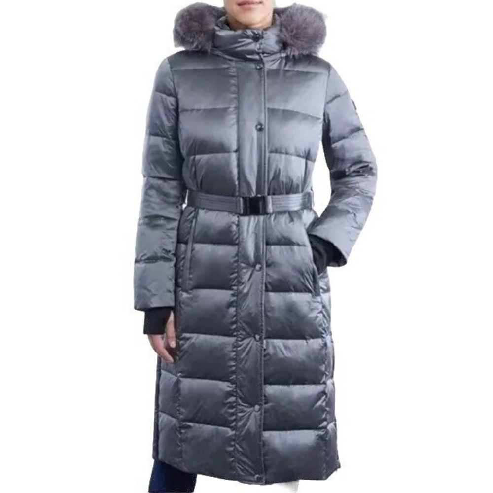 Michael Michael Kors Womens Malachite Grey Down Puffer Coat Faux Fur Hood M NEW